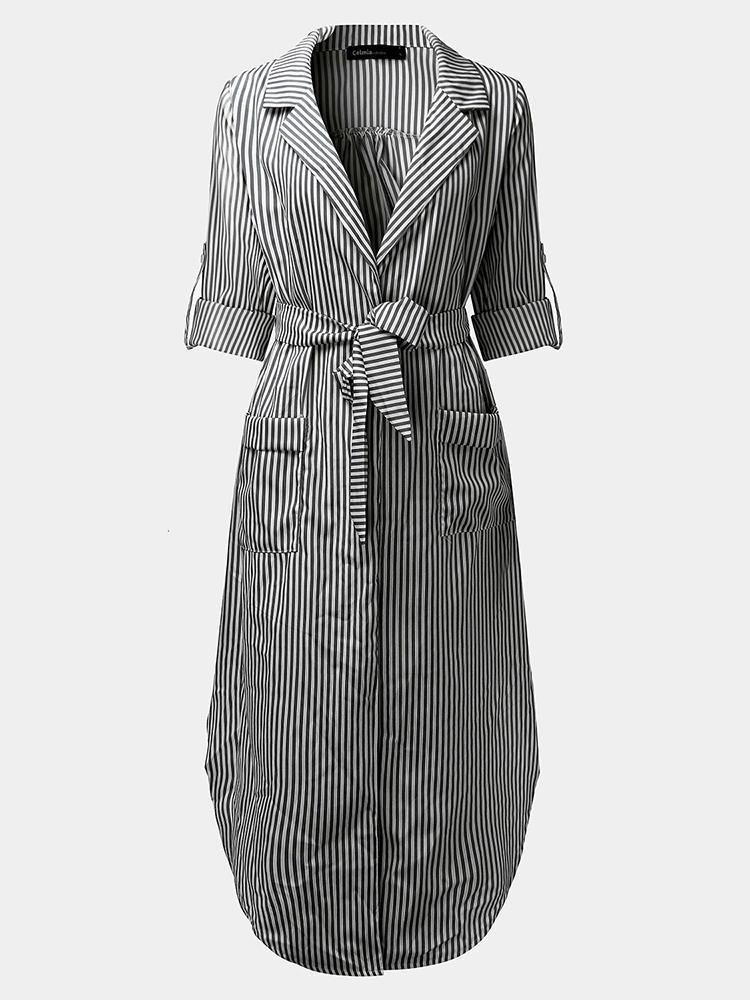 Casual Women Turndown Collar Adjustable Sleeve Side Split Striped Shirt Dresses - Trendha