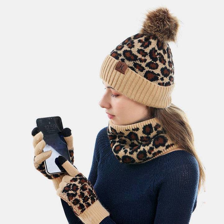 Women 3PCS Wool Leopard Pattern Screen-touchable Knitted Gloves Neck Protection Scarf Warm Knitted Hat - Trendha