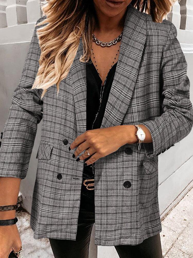 Women Plaid Double Breasted Lapel Casual Long Sleeve Thin Blazers - Trendha