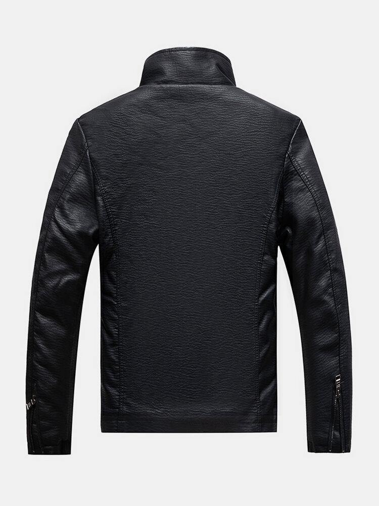 Mens Solid PU Leather Zip Front Stand Collar Thicken Biker Jackets - Trendha