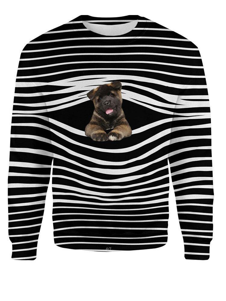 Women Stripe 3D Dog Print Pullover O-neck Long Sleeve Casual Sweatshirts - Trendha