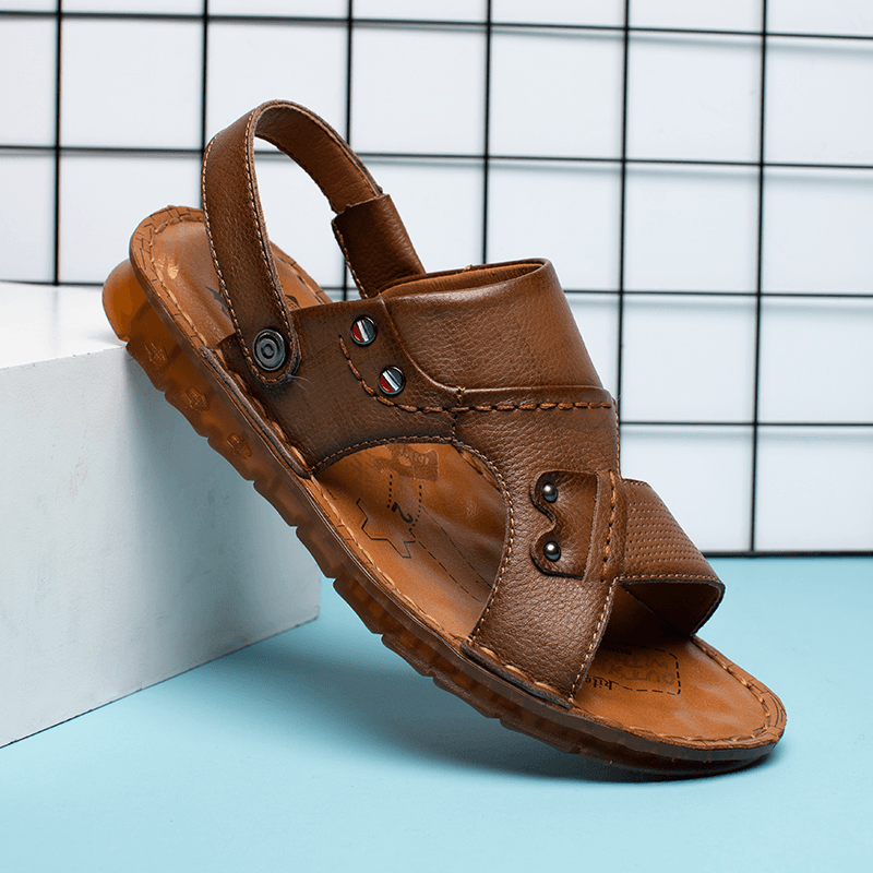 Men Cowhide Leather Opened Toe Non Slip Beach Casual Outdoor Sandals - Trendha