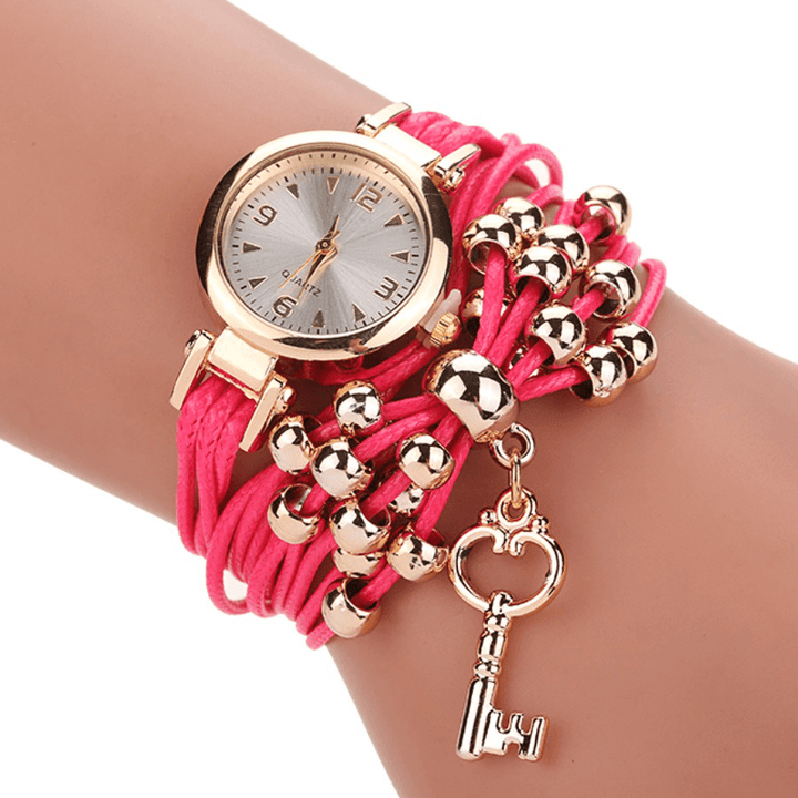 Gold Case Colorful Leather Beading Strap Ladies Dress Women Bracelet Wristband Quartz Watch - Trendha