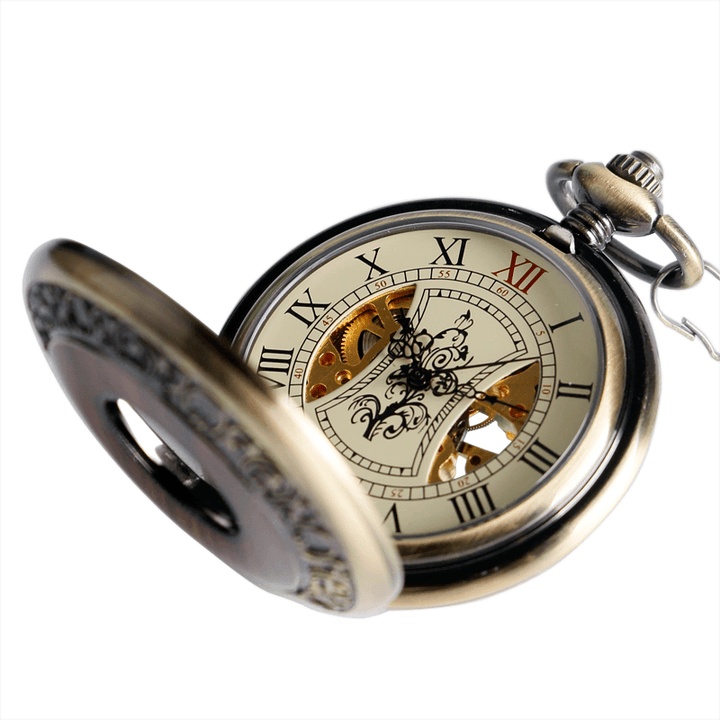 Deffrun Vintage Style Self-Winding Mechanical Wooden Circle Roman Numerals Pocket Watch - Trendha
