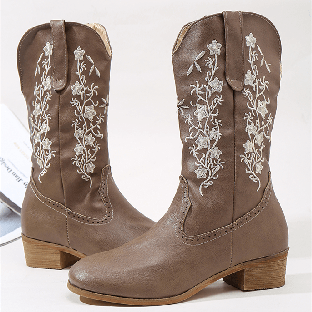 Women's Retro Floral Cowboy Boots - Square Toe Slip-On Mid-Calf Block Heel - Trendha