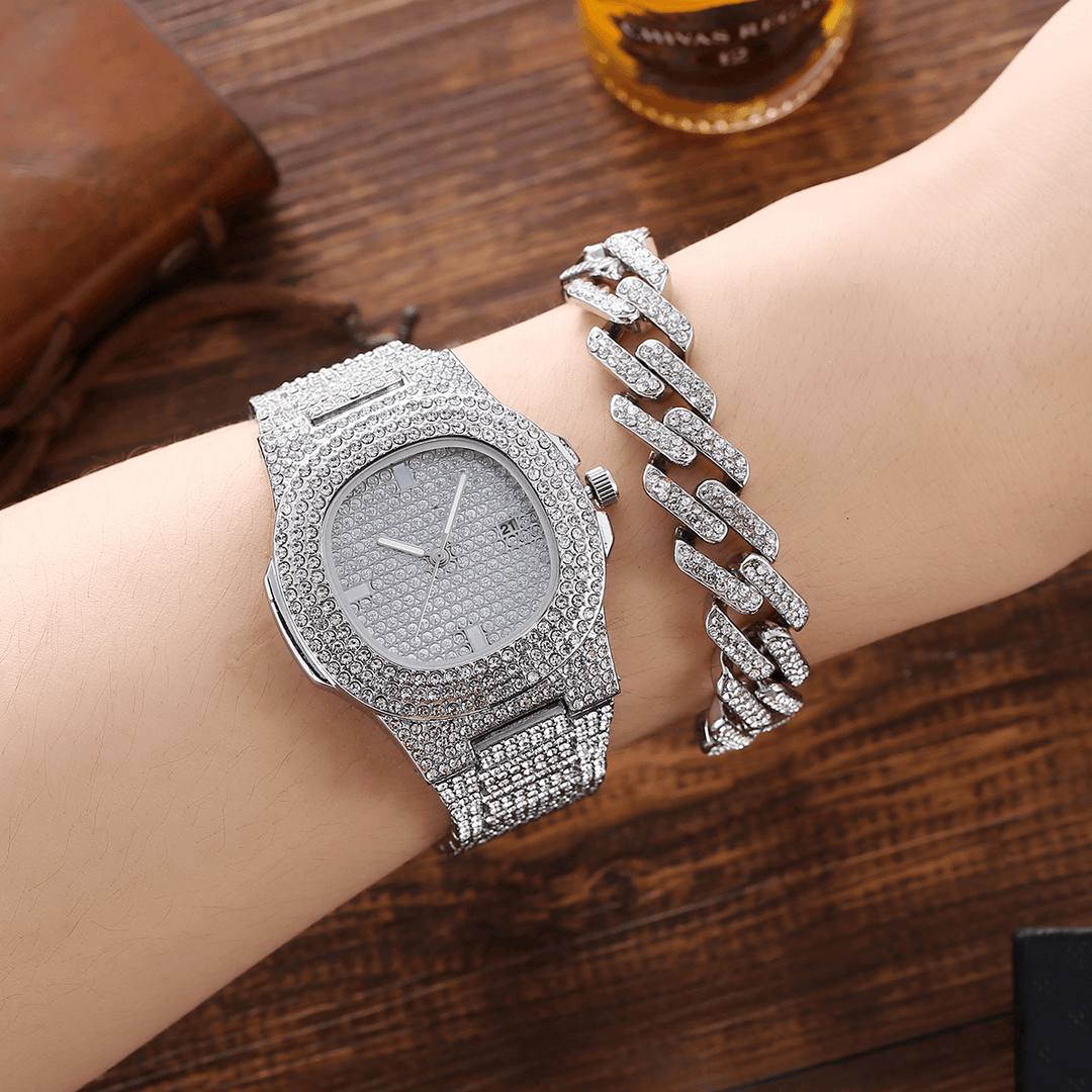 3 Pcs Men Watch Set Inlaid Diamond Steel Band Quartz Watch Necklace Bracelet Jewelry Gift Kit - Trendha