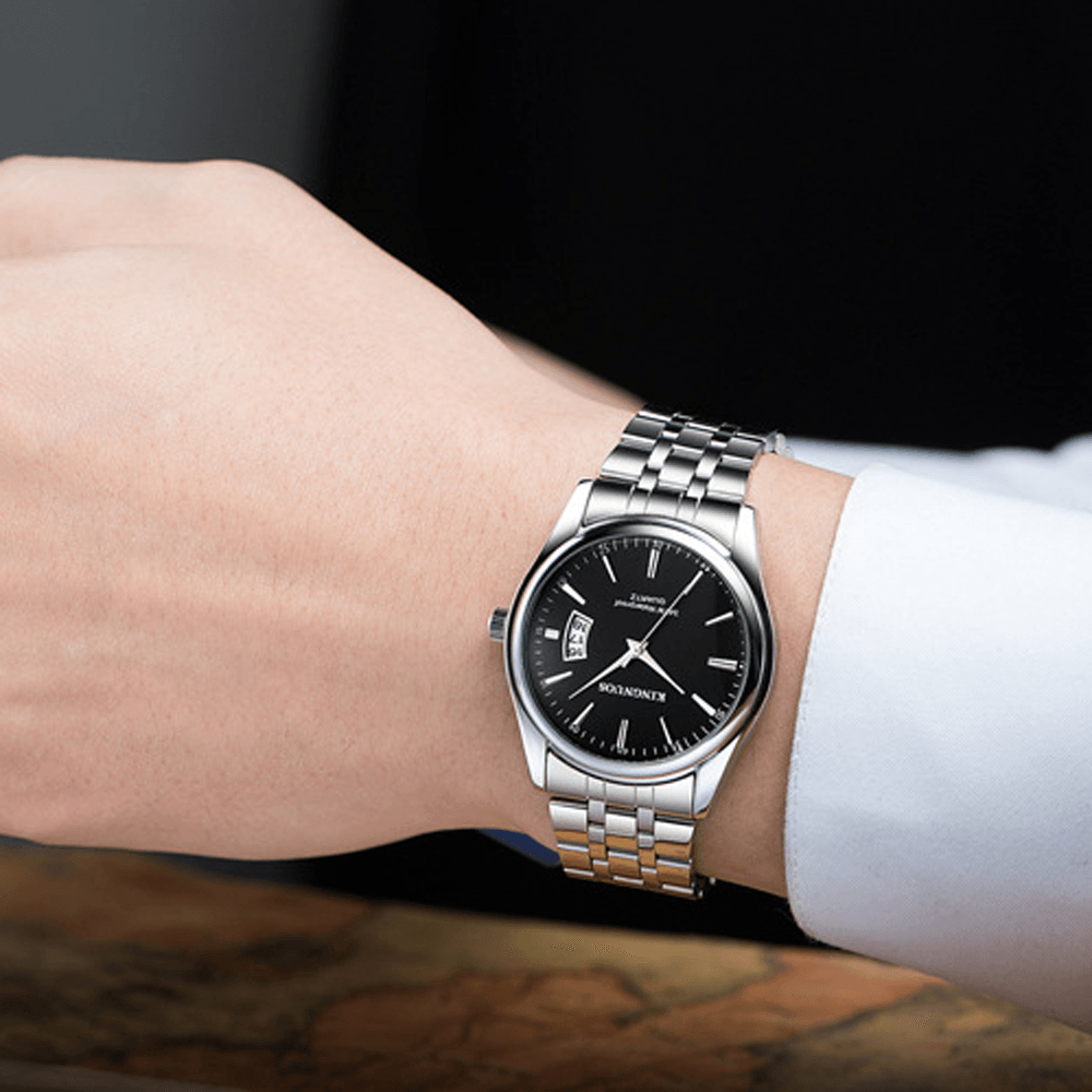 KINGNUOS 1853 Stainless Steel Band Business Men Wrist Watch Date Display Quartz Watch - Trendha