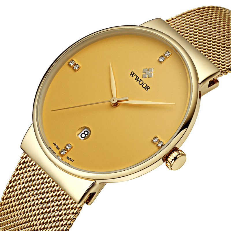 WWOOR 8018 Business Style Mesh Steel Band Men Wrist Watch Date Display Quartz Watch - Trendha