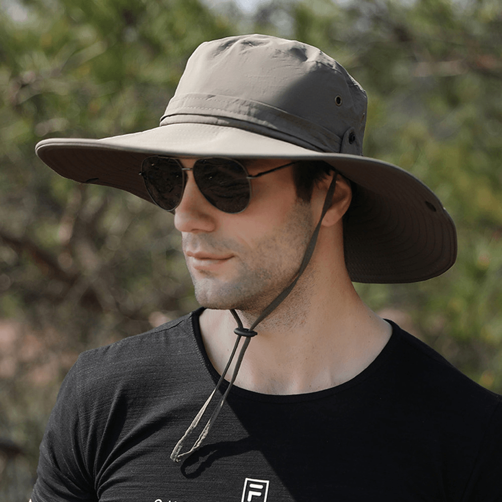 Men Dual-Use Anti-Uv Bucket Hat Big Brim Windproof Rope Adjustable Outdoor Fishing Sunshade Hat - Trendha