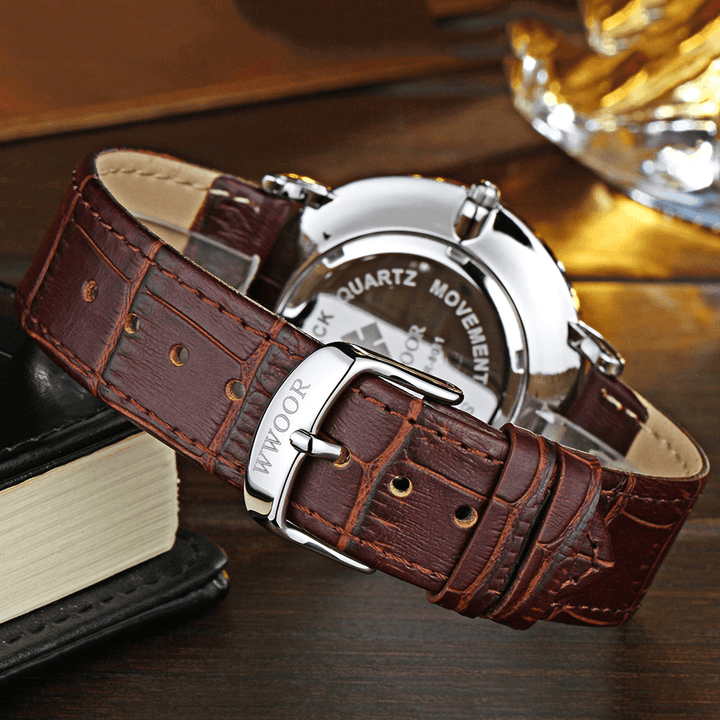 WWOOR 8011 Ultra Thin Casual Style Men Wrist Watch Leather Watch Band Quartz Watches - Trendha
