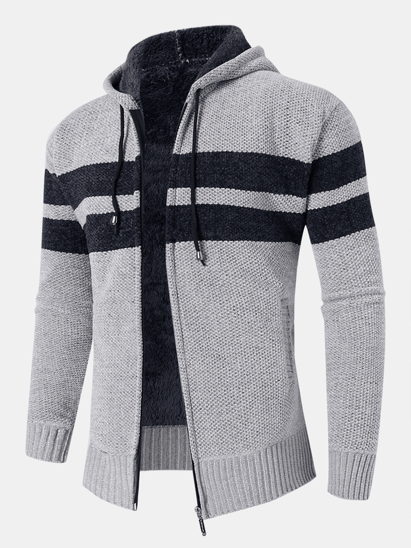 Mens Colorblock Knitted Zipper Warm Hooded Sweater Cardigans - Trendha