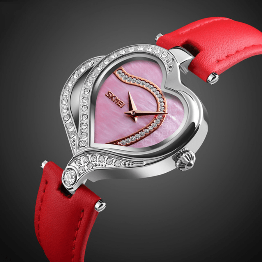 SKMEI 9161 Sweet Love Fashion Style Women Watches Crystal Leather Strap Quartz Watch - Trendha