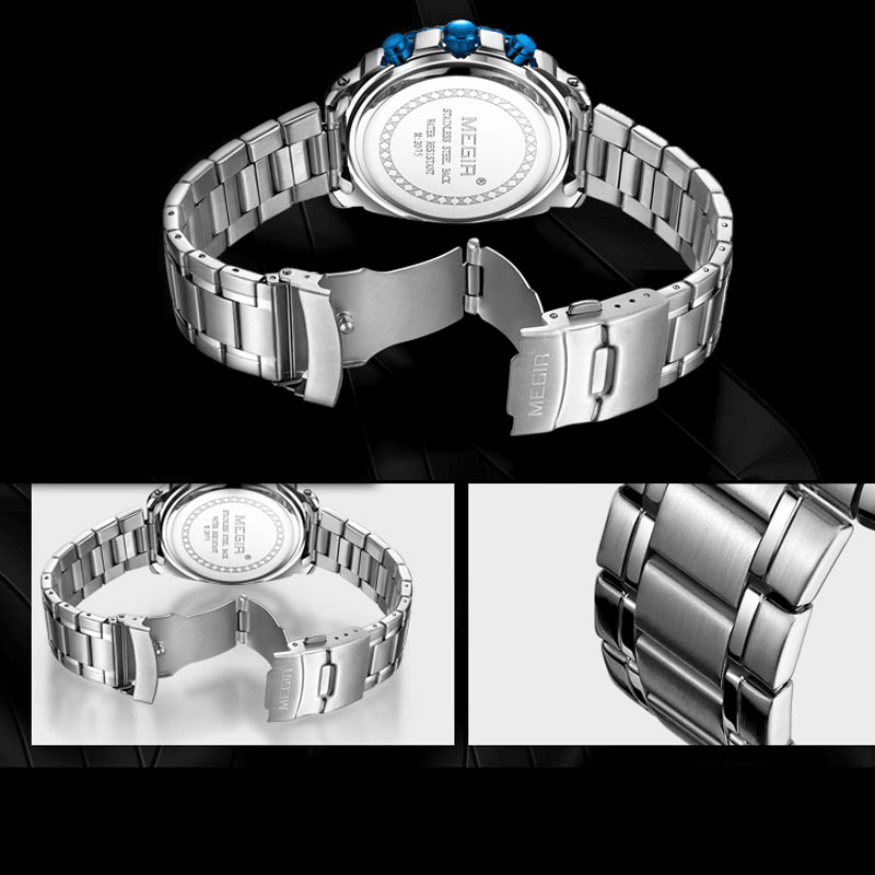 MEGIR MS2075G Business Multi-Functional Calendar Chronograph Luminous Men Waterproof Stainless Steel Strap Quartz Watch - Trendha