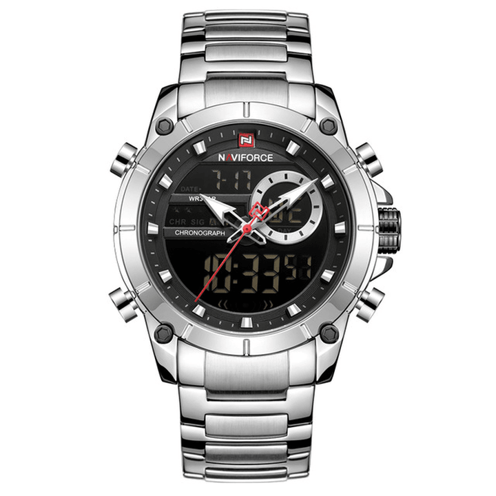 NAVIFORCE 9163 Waterproof Alarm Business Style Dual Display Watch Full Steel Quartz Watch - Trendha