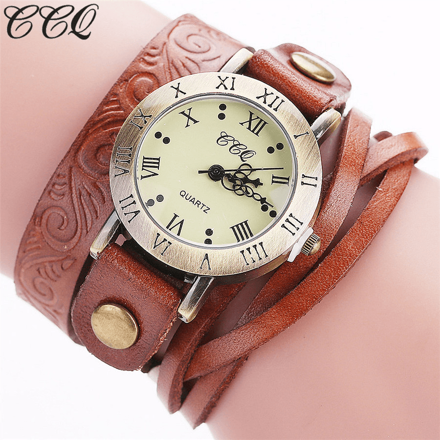 Vintage Retro Style Women Quartz Watch Cowhide Nicked Roman Numeral Leather Circle Wrist Watch - Trendha