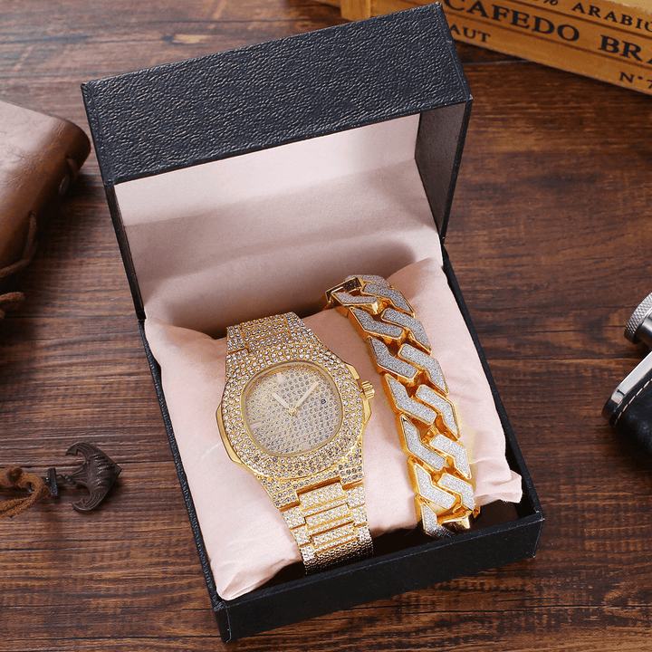 2Pcs/ Set Luxury Fashion Women Wristwatch Set Bling Inlaid Rhinestone Quartz Watch Jewelry Gift - Trendha