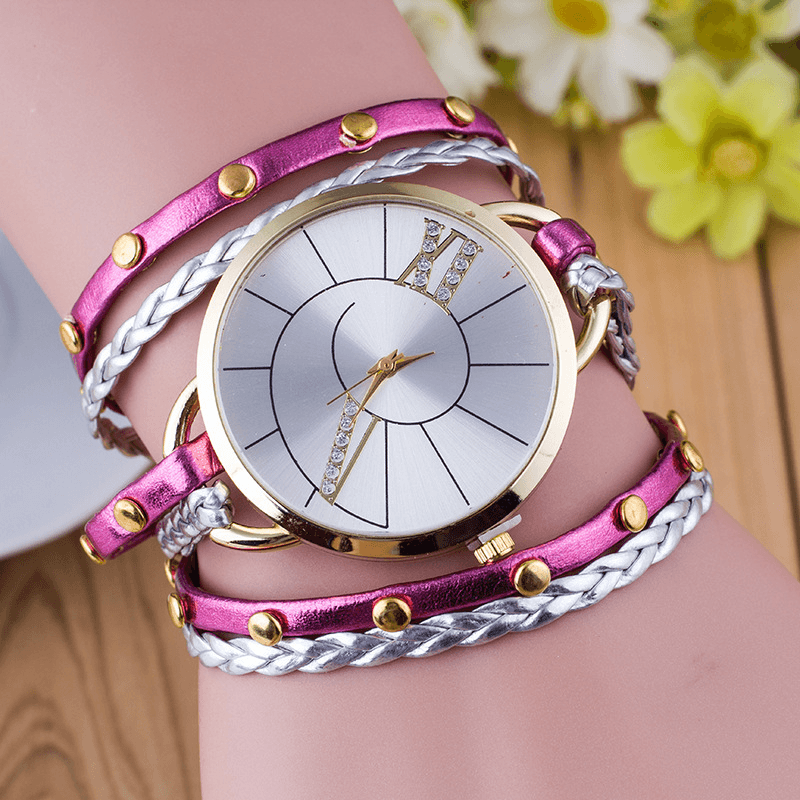 Simple Dial Leather Strap Crystal Algarismos Romanos Quartz Watch Women Bracelet Watch - Trendha