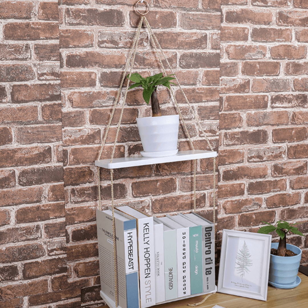 35Cm/45Cm 2 Layers Solid Wood Rope Hanging Wall Shelf Vintage Floating Storage Rack Wall Mount Bookshelf Home Decorations - Trendha
