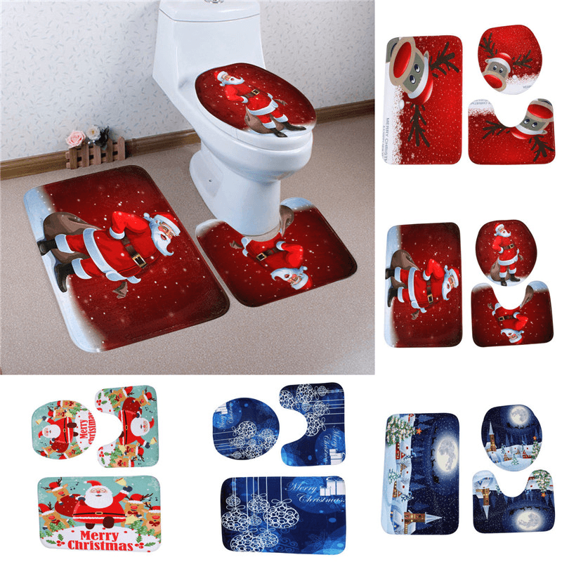 3PCS Christmas Home Decoration Snowman Santa Toilet Seat Cover Bathroom Mat Closestool Cover Rug - Trendha