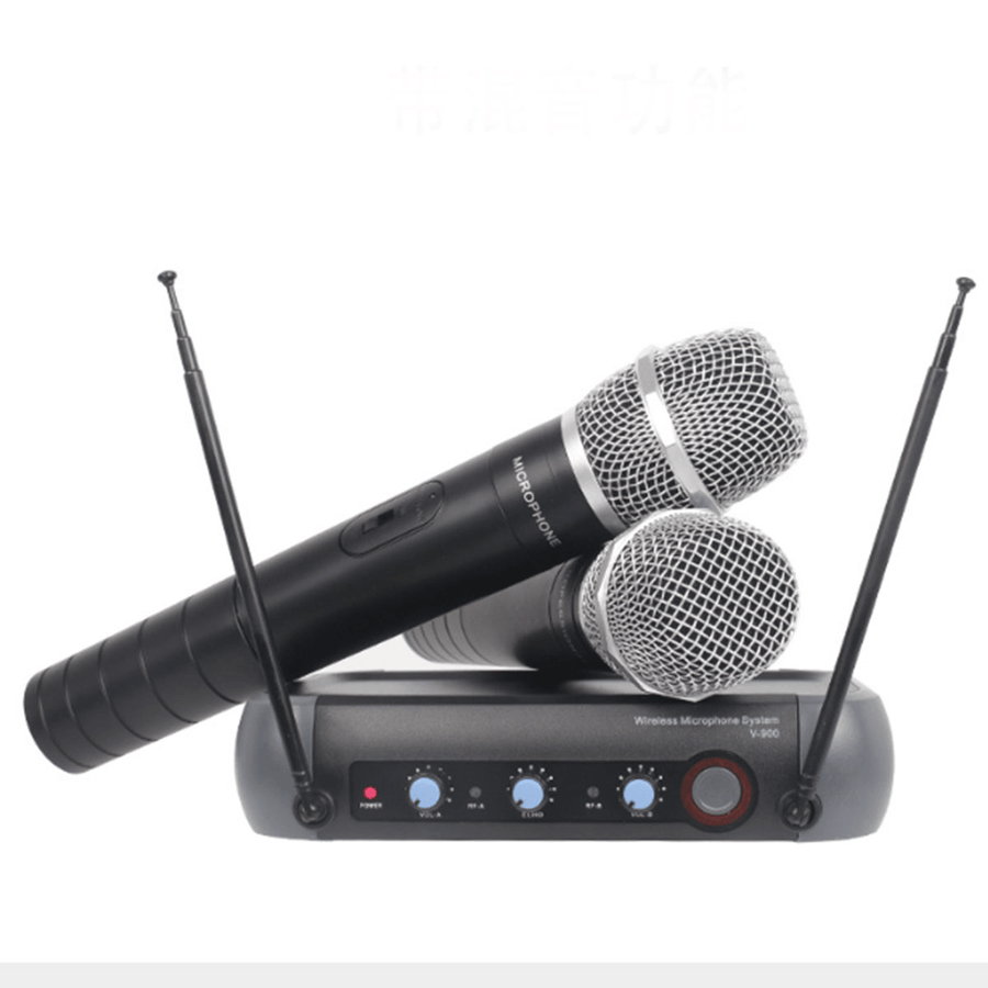 110V-220V Multifunction VHF Wireless Radio Dual Microphone System KTV Handheld Mic Household Amplifier - Trendha