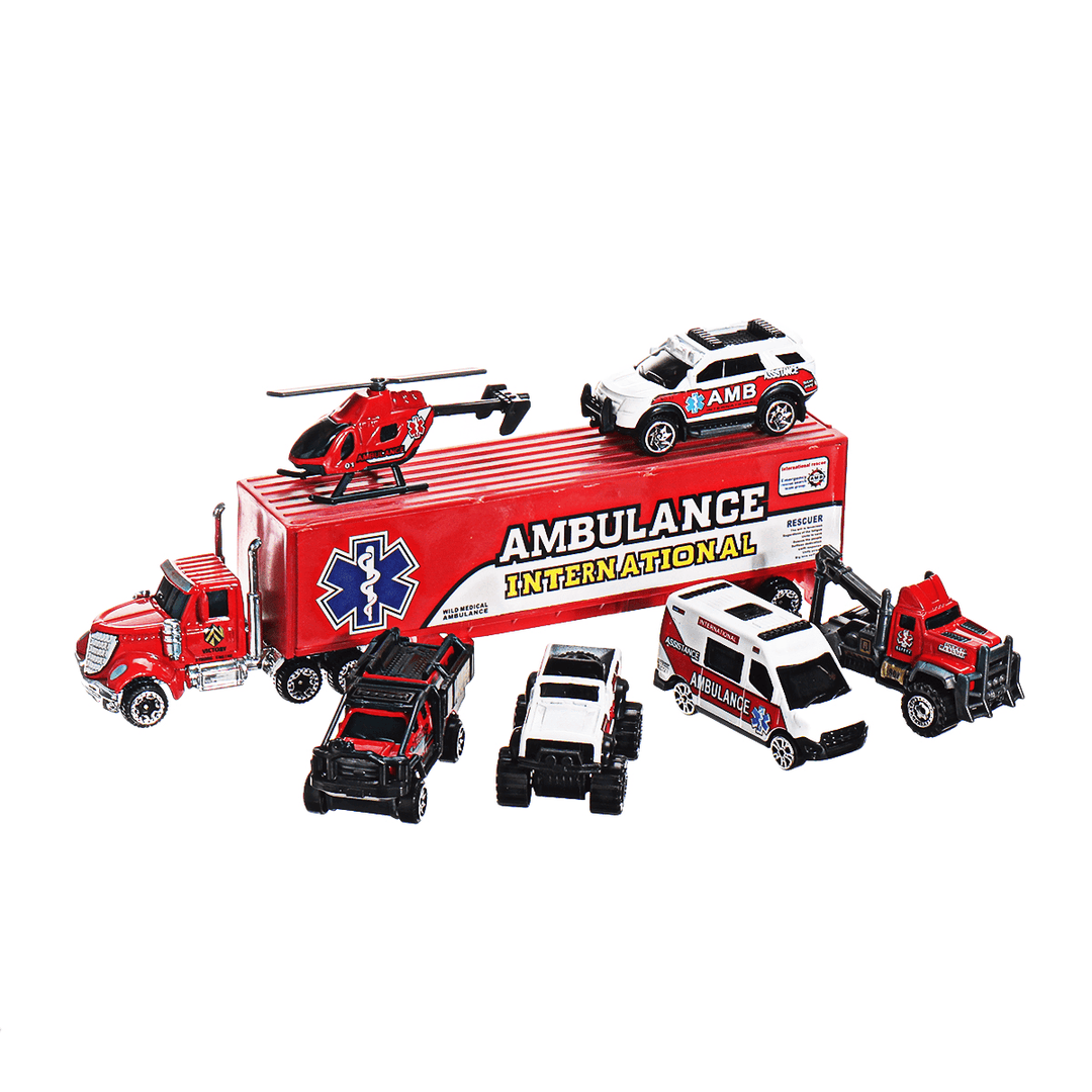7 PCS Alloy Plastic Diecast Engineering Vehicle Ambulance Polices Car Model Toy Set for Children Gift - Trendha