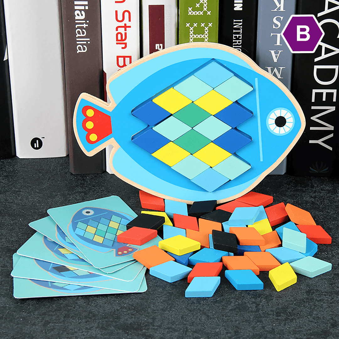 Wood DIY Assembly Jigsaw Puzzle Toy Colors Shapes Cartoon Fish Owl Matching Cards Toy for Children Learning - Trendha