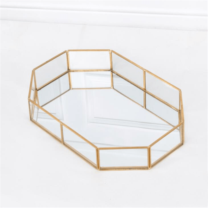 2 Size Mirror Glass Tray Octagon Cosmetic Makeup Desktop Organizer Jewelry Display Stand Holder - Trendha
