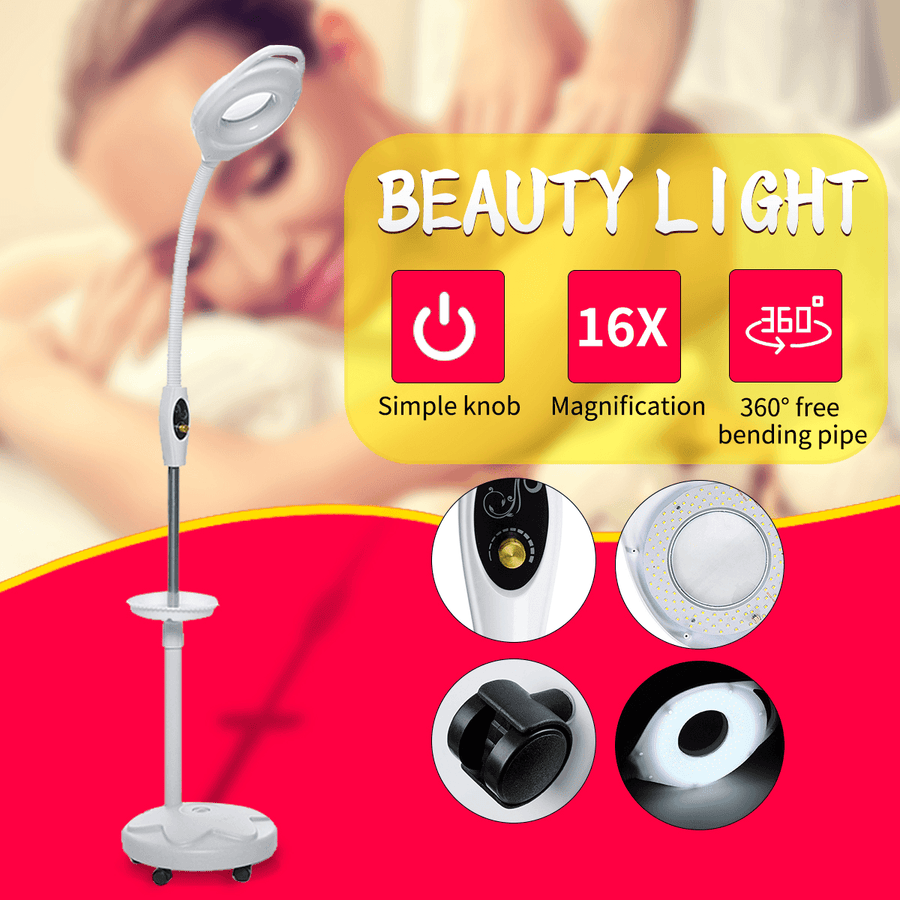 16 LED Facial Magnifying Floor Lamp Light Adjustable Rolling Magnifier Spa Salon - Trendha
