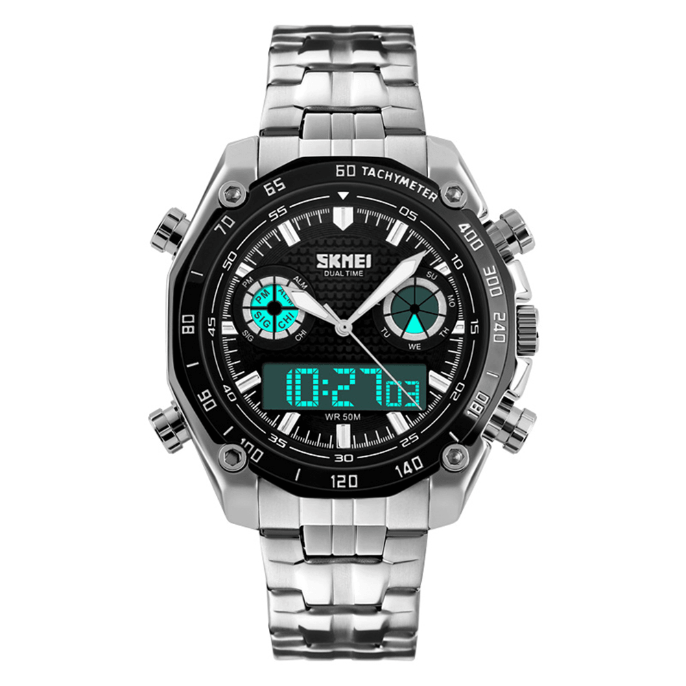 SKMEI 1204 Dual Dsplay Digital Watch Men Stainless Steel Strap Luminous Alarm Outdoor Sport Watch - Trendha
