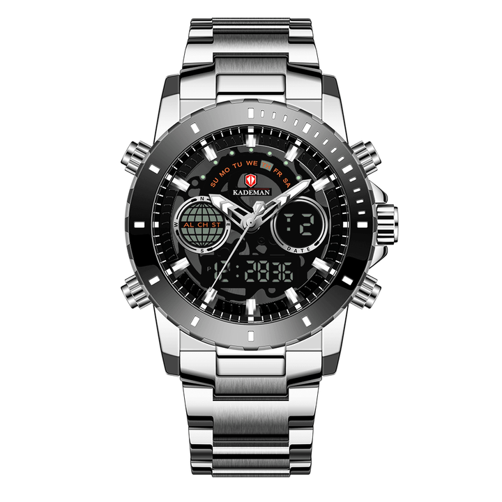 KADEMAN K9102 Full Stainless Steel Strap Countdown Alarm 30M Waterproof Dual Display Digital Watch - Trendha