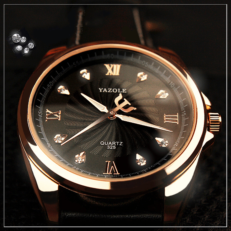 YAZOLE 325 Men Crystal Rose Gold Case Leather Band Luminous Display Quartz Watch - Trendha