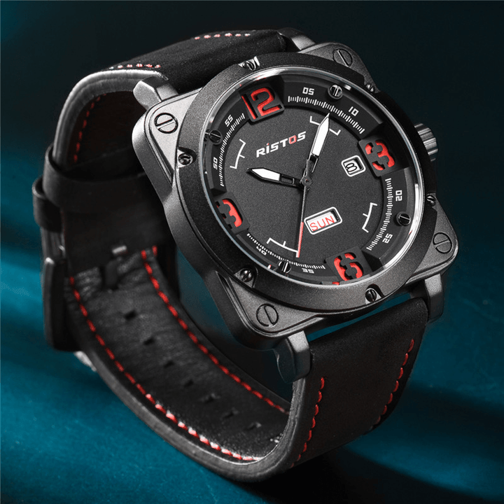 RISTOS 9320 Business Casual Leather Strap Date Week Luminous Time Display Men Wrist Watch Quartz Watches - Trendha