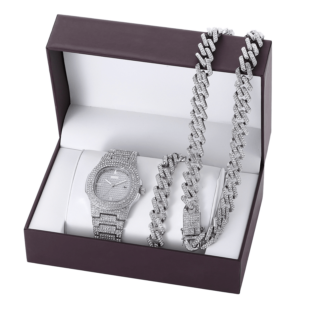 3PCS / Set Luxury Fashion Men Watch Set Inlaid Rhinestones Steel Strap Quartz Watch Necklace Bracelet - Trendha