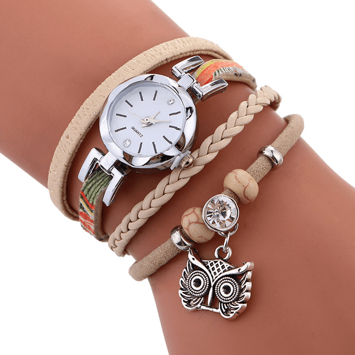 Bohemian Cute Owl Leather Bracelet Watch Ethnic Metal Rhinestone Multi-Layer Wrist Watches - Trendha