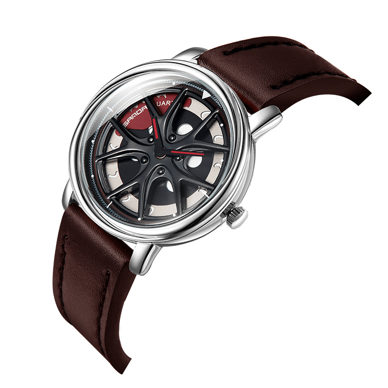 SANDA P1025 360° Rotating the Wheels Dial Fashion Leather Strap Quartz Watch - Trendha