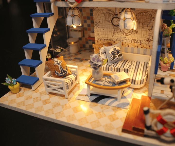 Hoomeda DIY Wooden Doll House Blue Ocean Coast Miniature Furniture Music Light Gift Decoration - Trendha