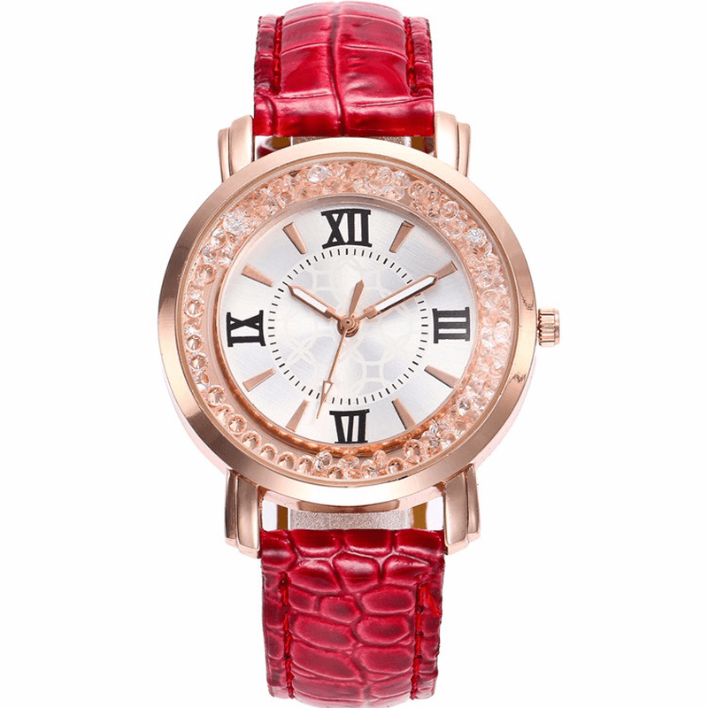 Fashion Rose Gold Flowing Crystal Roman Numerals Ladies Dress Bracelet Leather Women Quartz Watch - Trendha