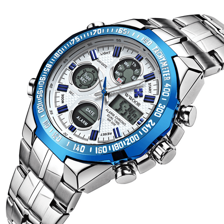 WWOOR 8019 LED Alarm Digital Watch Full Steel Business Style Dual Display Watch - Trendha
