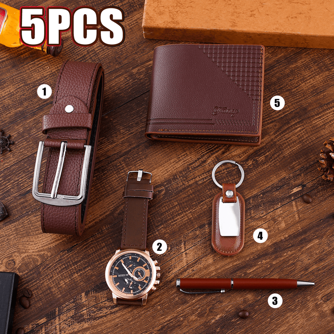 5PCS Fashion Gift Set Business Large Dial Quartz Watch+Pen+Belt+Key Chain+Wallet - Trendha
