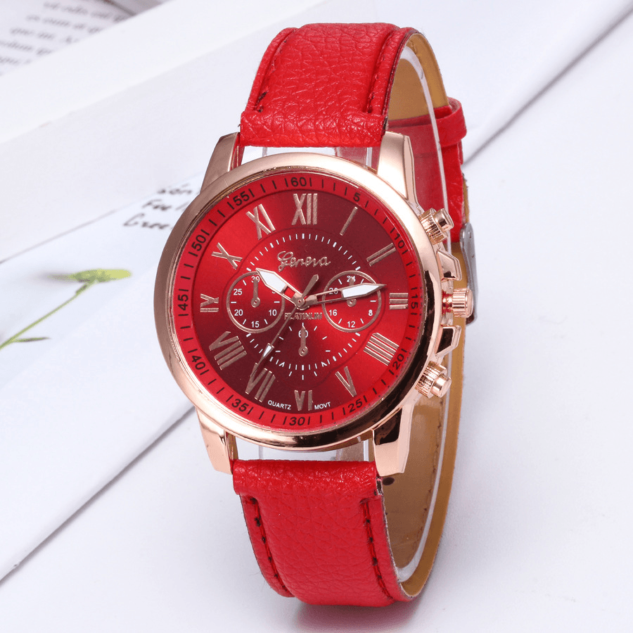 Deffrun Decorative Three Dials Women Wrist Watch Roman Numeral Leather Band Quartz Watch - Trendha