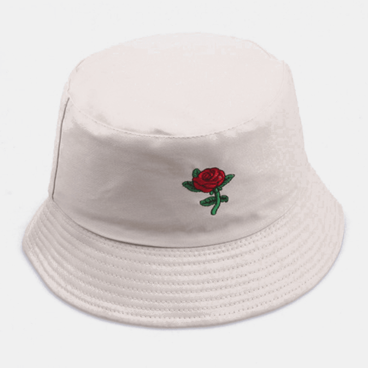 Unisex Cartoon Rose Embroidery Twill Cap Outdoor Suncreen Sunshade Bucket Hat - Trendha