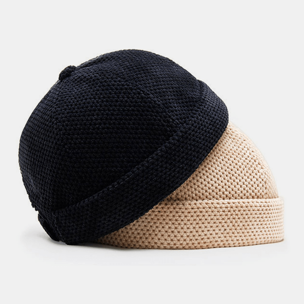 Men Cotton Knitted Solid Color British Vintage Brimless Beanie Landlord Cap Skull Cap - Trendha