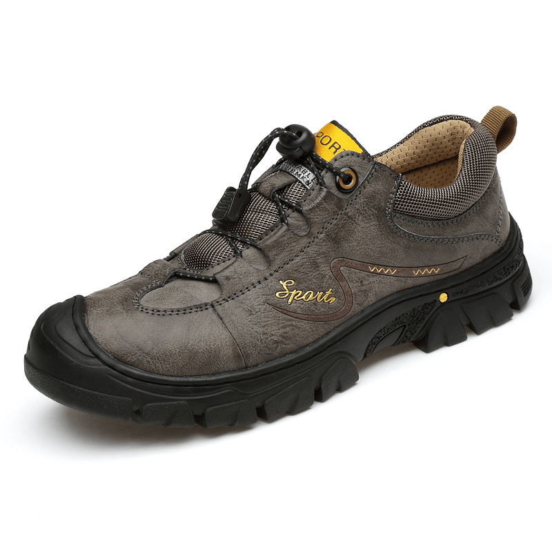 Men Genuine Leather Slip Resistant Elastic Lace Casual Outdoor Hiking Shoes - Trendha