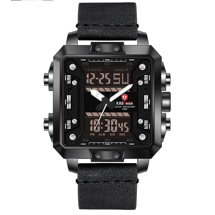KADEMAN K6153 Fashion Men Digital Watch 3ATM Waterproof Luminous Week Display Leather Strap Dual Display Watch - Trendha