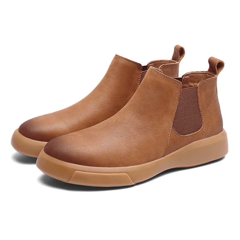 Men Comfy Cowhide Leather Non Slip Elastic Slip on Casual Chelsea Boots - Trendha