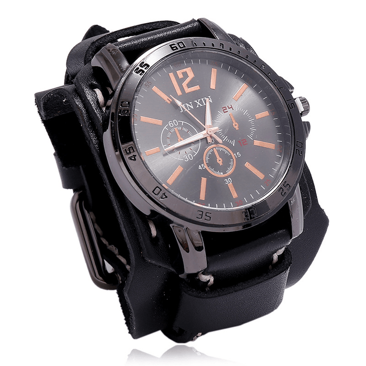 Deffrun Retro Style Decorative Three Dial Quartz Watch Cowhide Leather Band Men Wrist Watch - Trendha