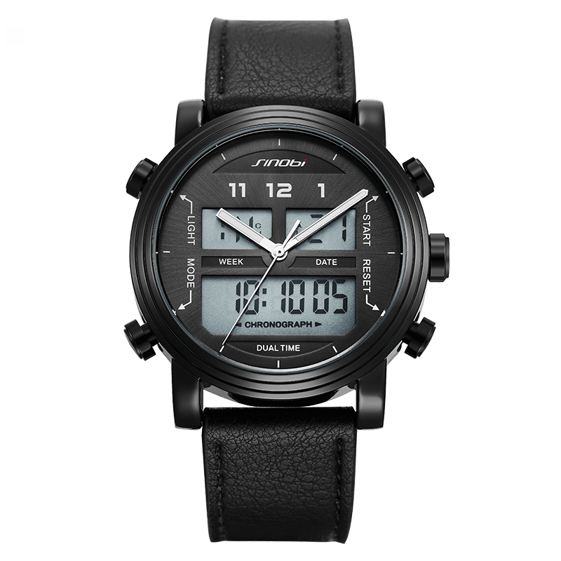 SINOBI 9824 Fashion Leather Strap Luminous Display Alarm Dual Display Digital Watch - Trendha