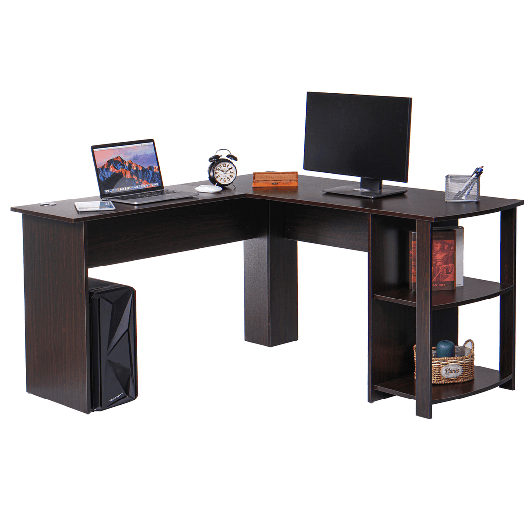 L Shape Computer Laptop Desk Conner Table 2 Tiers Shelf Bookshelf 53"L 28"H Wood for Home Office Study Working - Trendha