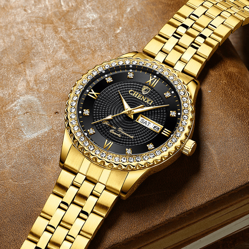 CHENXI 8215 Casual Style Men Wrist Watch Gold Case Full Steel Band Quartz Watch - Trendha