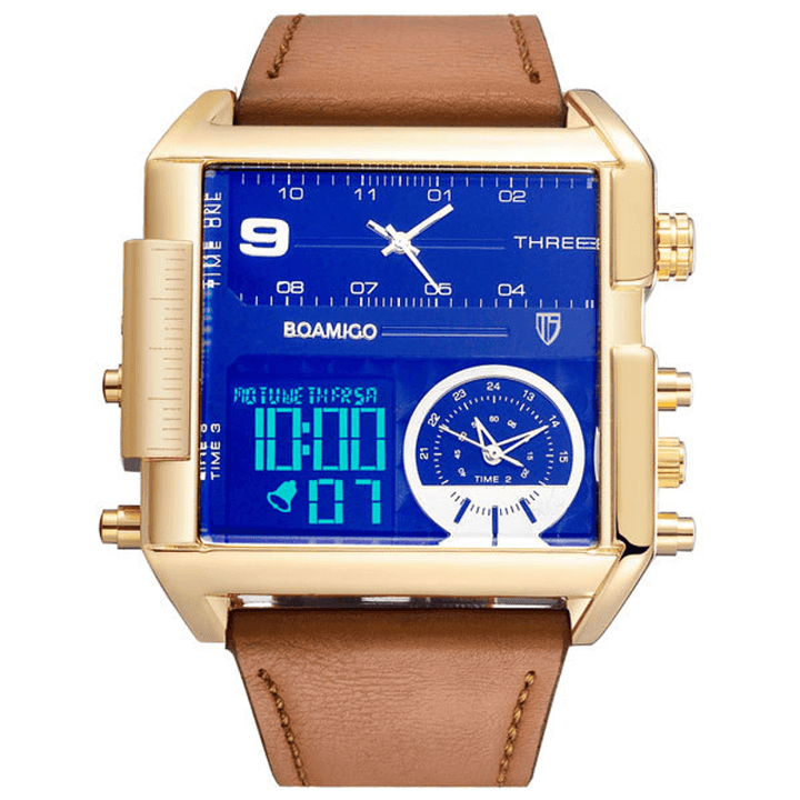 BOAMIGO F920 Fashion Men Digital Watch Creative Dial Week Month Display Chronograph 3 Time Zone Leather Strap Dual Display Watch - Trendha